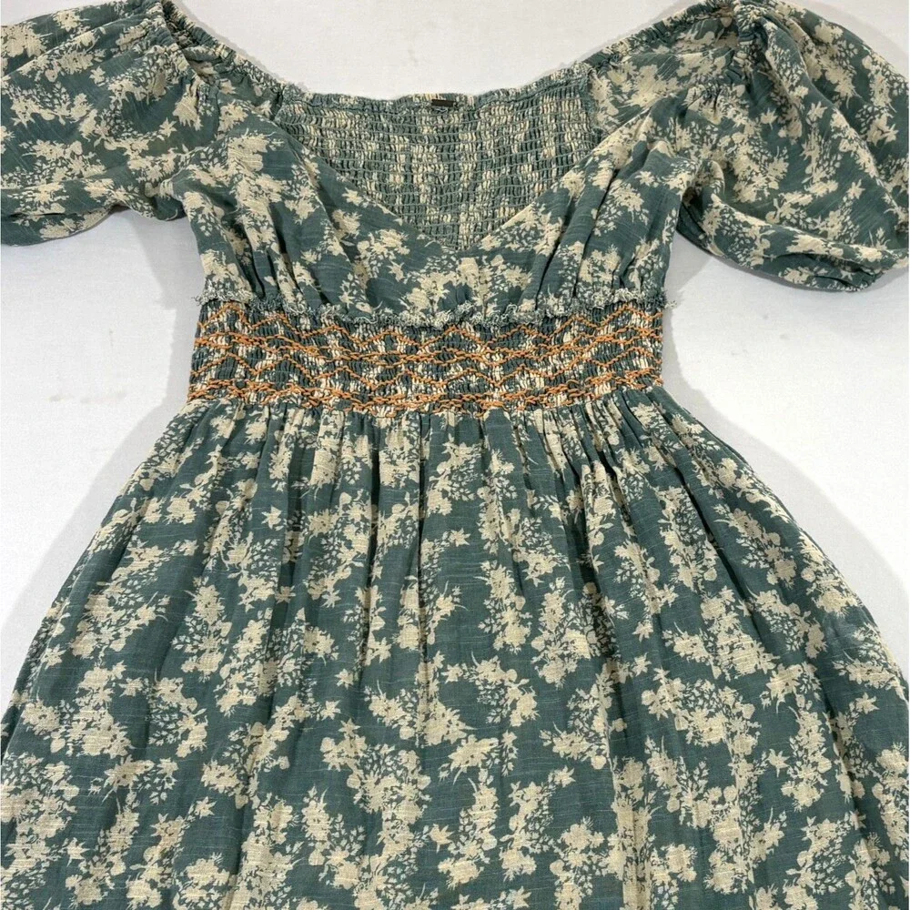 Free People Ellie Boho Green Floral Puff Sleeve Smock Bodice Maxi Dress Sz S - Picture 5 of 15